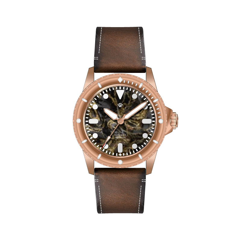 A copper watch with a brown leather band on a white background