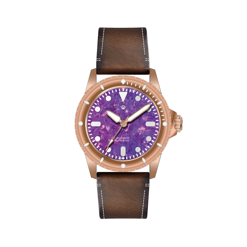 A watch with a purple face and a brown band