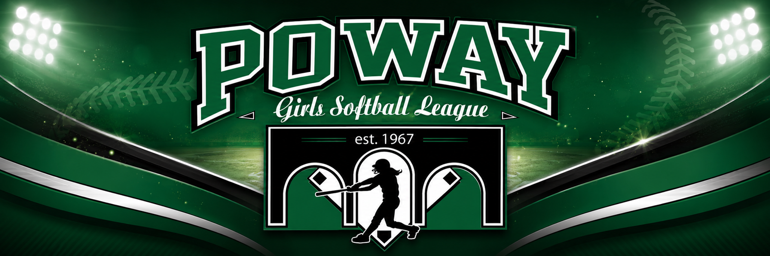Poway Girls Softball League Logo with softball player batting overlaid on arches