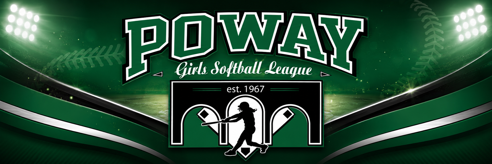 Poway Girls Softball League Logo with softball player batting overlaid on arches