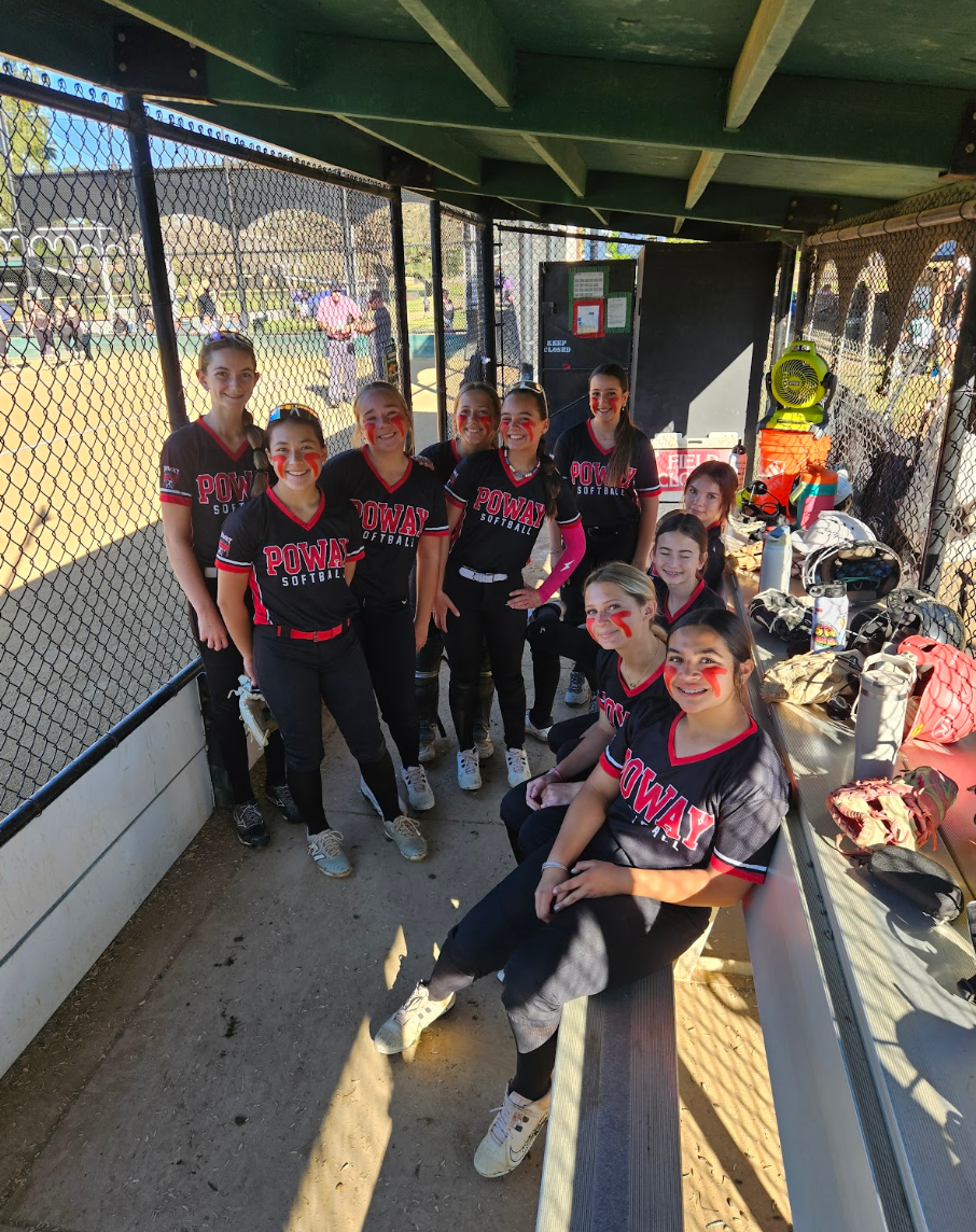 Youth softball team in black and pink uniforms posing in a dugout with bats and gear.