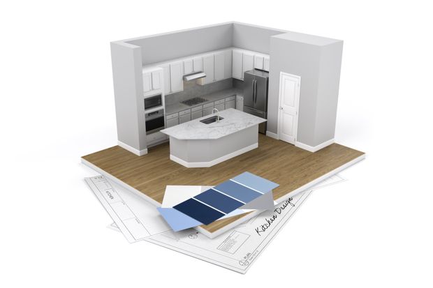 cucina con mobili grigi, isola e 4 sedie nere