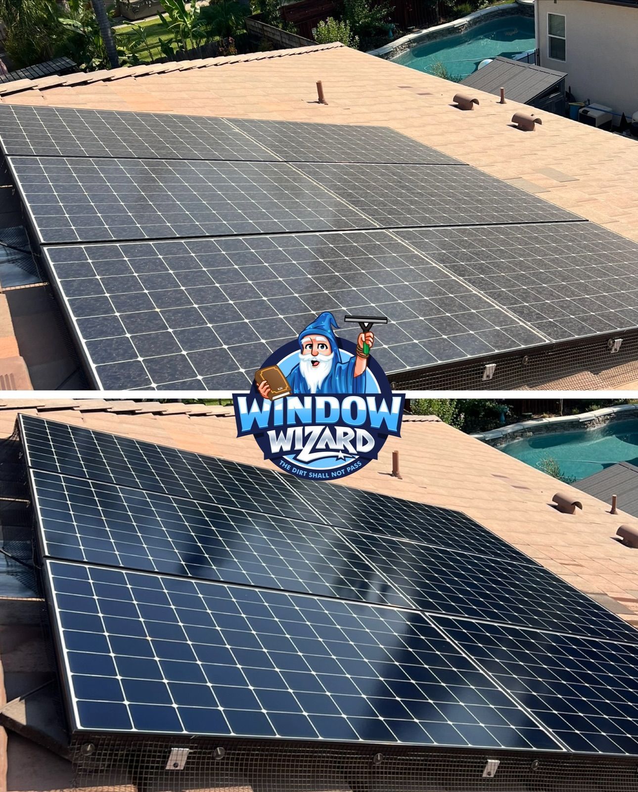 A row of solar panels sitting on top of a roof next to a pool.