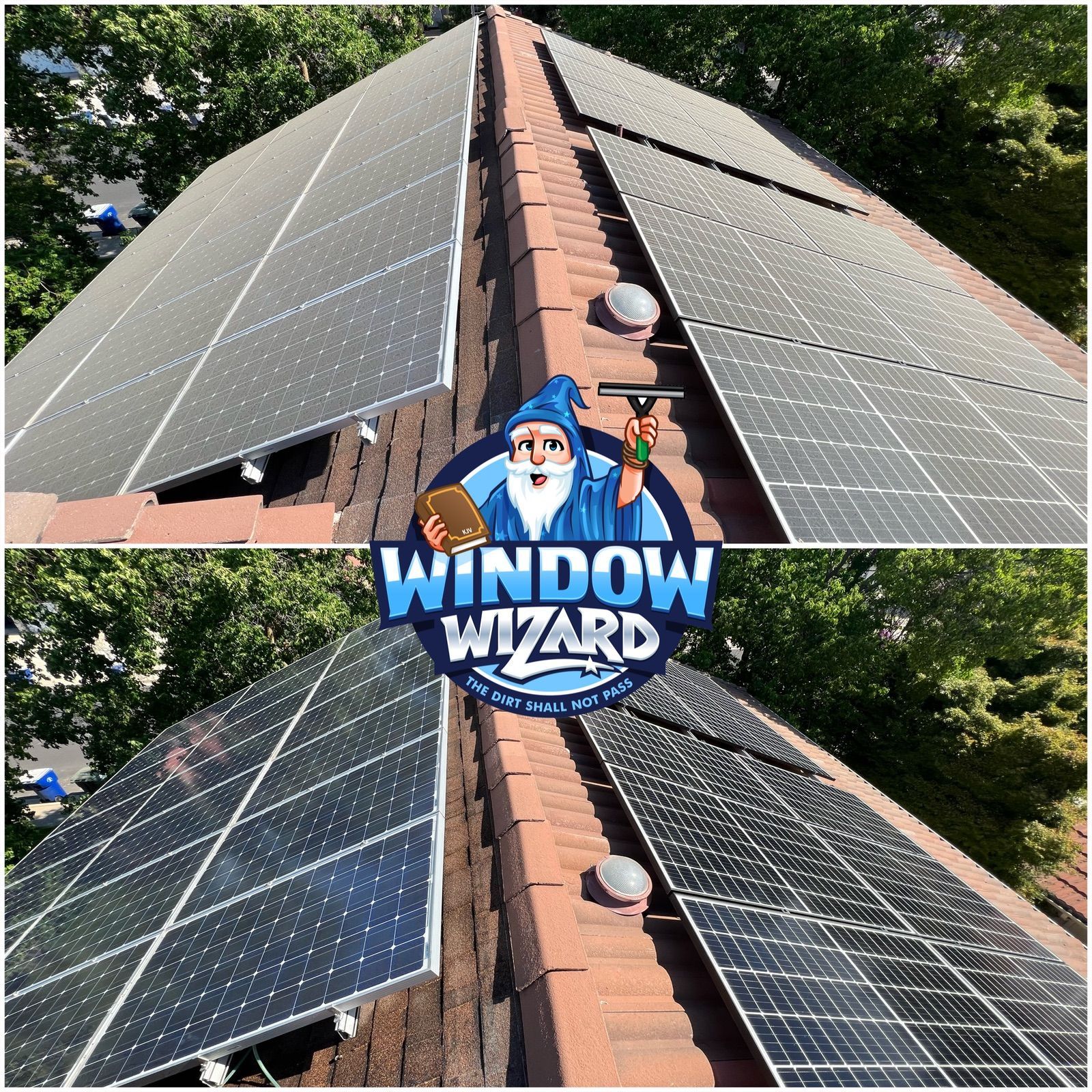 A picture of a roof with solar panels and a logo for window wizard