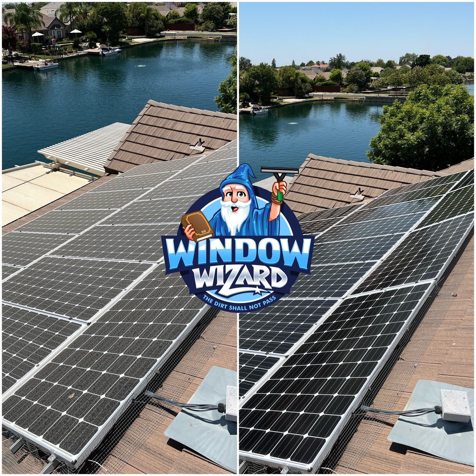 A before and after picture of a roof with solar panels.