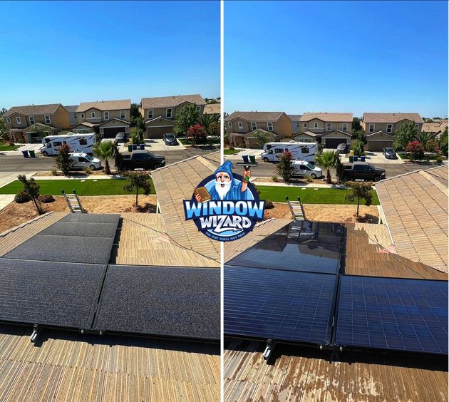 A before and after picture of a solar panel installation on a roof.