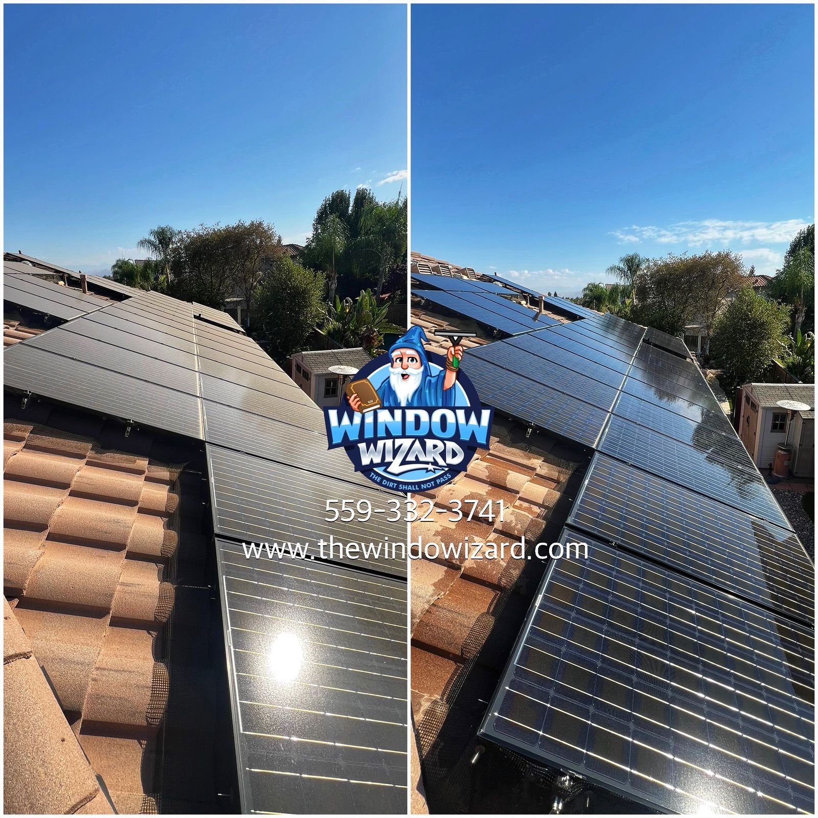 A before and after picture of a roof with solar panels.