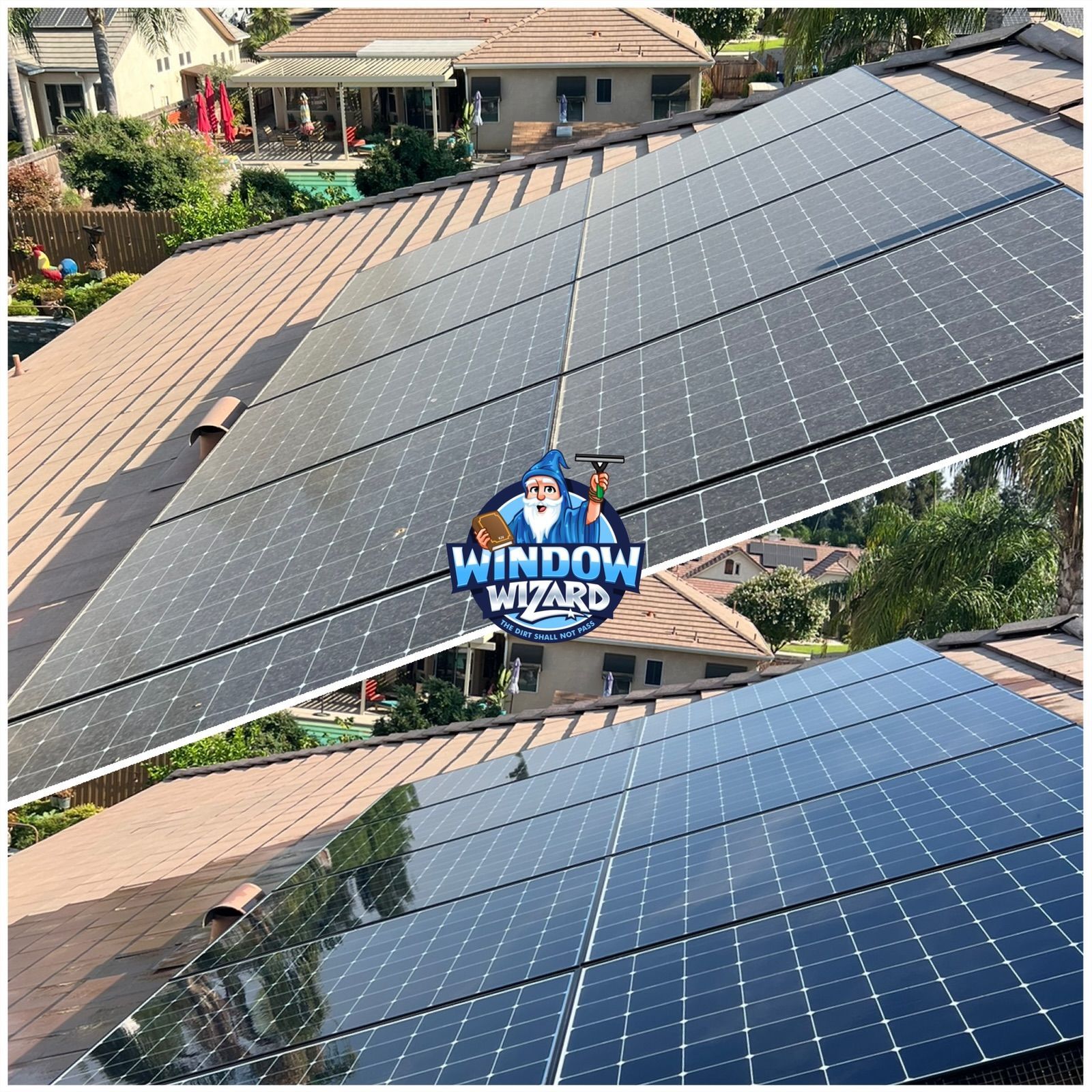 A picture of a roof with solar panels and a logo for window wizard