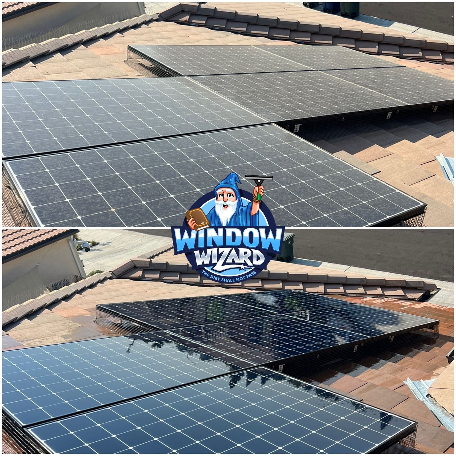 A collage of two pictures of solar panels on a roof.