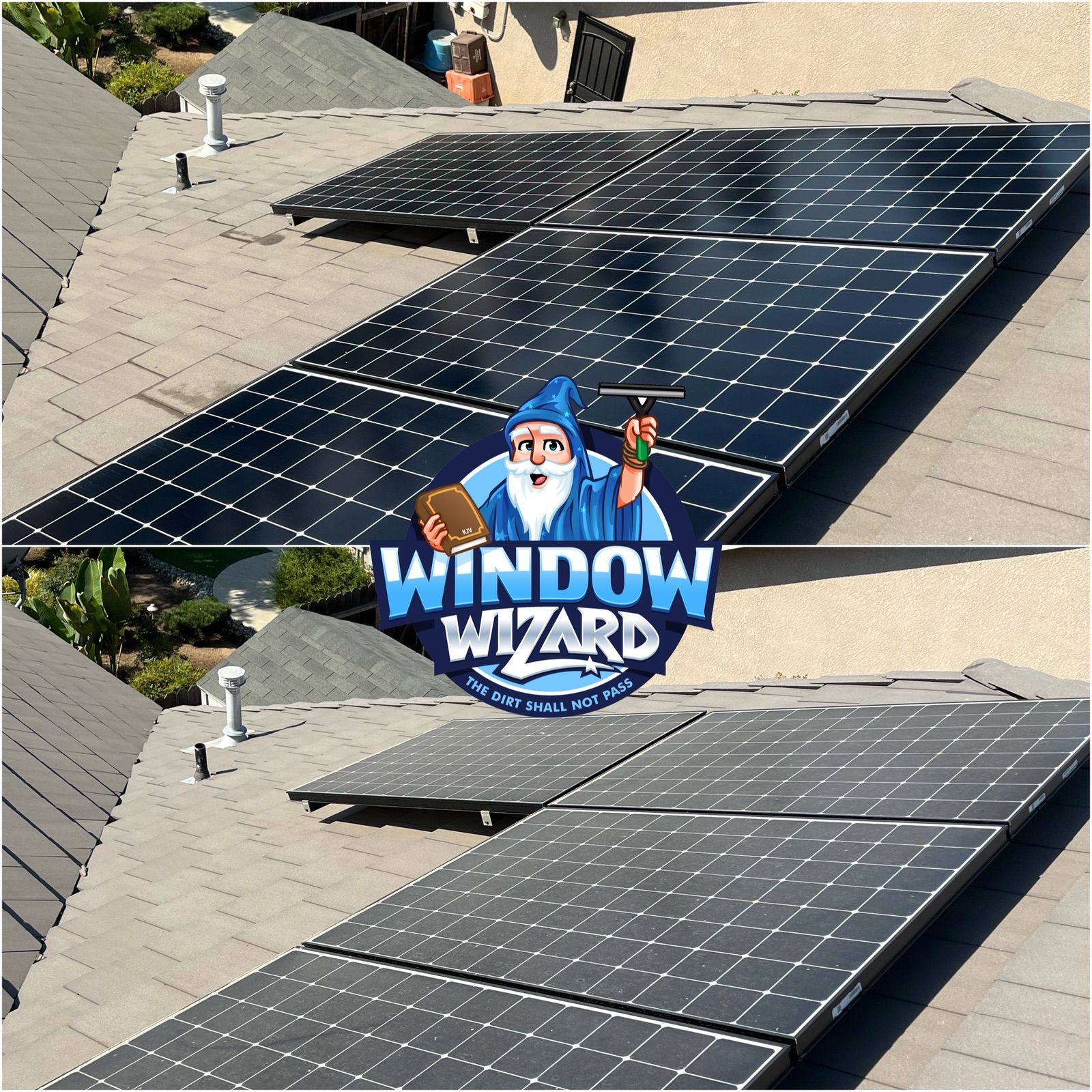 A picture of a roof with solar panels and a logo for window wizard
