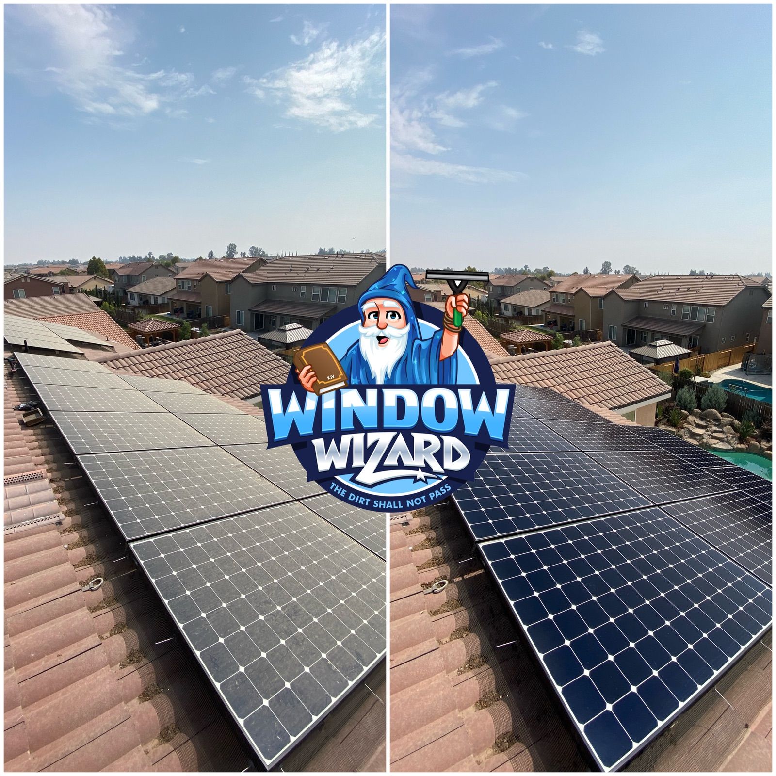 A before and after picture of a solar panel installation by window wizard