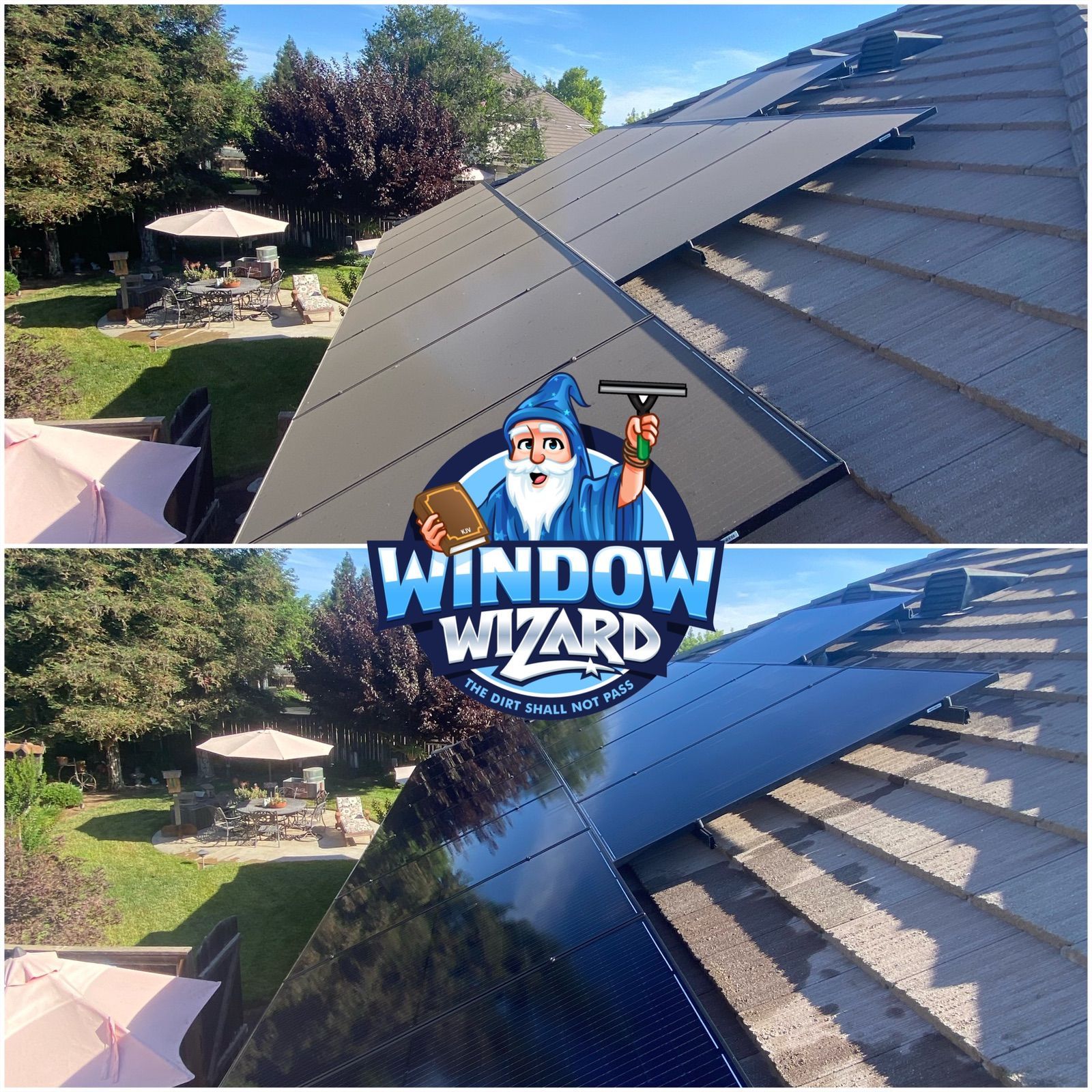 A picture of a roof with a window wizard logo on it
