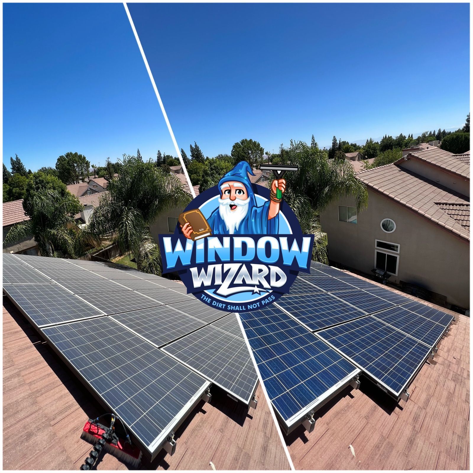 A picture of a house with solar panels and a logo for window wizard