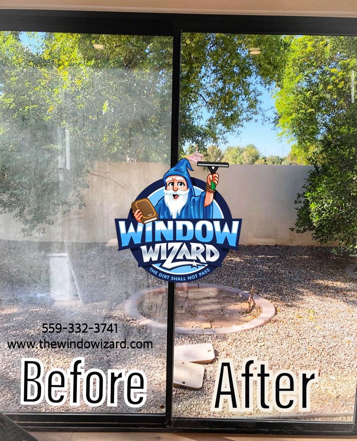 A before and after picture of a window being cleaned by a window wizard.