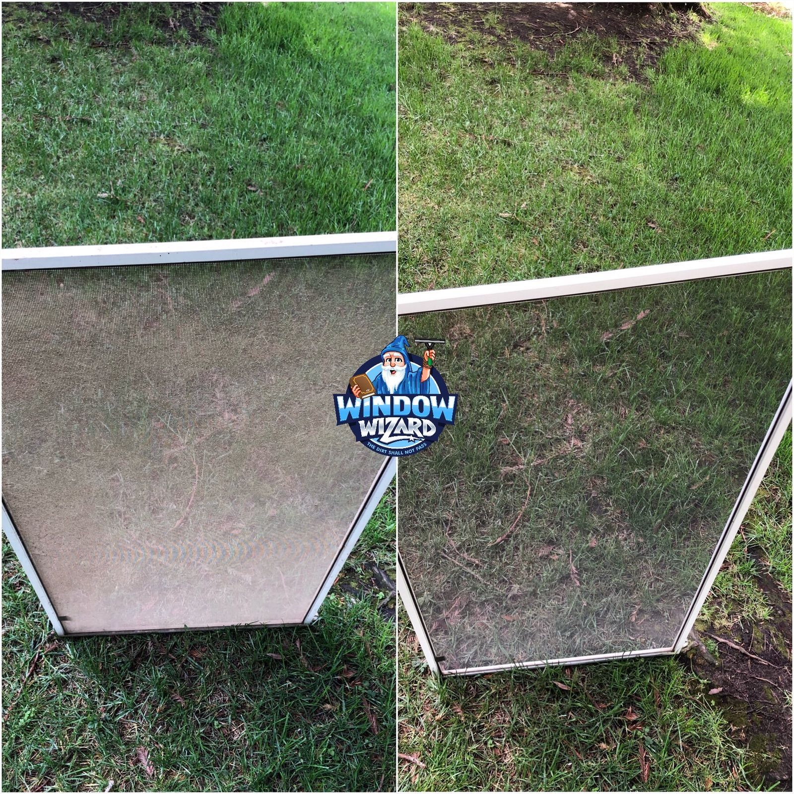 A before and after picture of a window screen sitting on top of a lush green lawn.