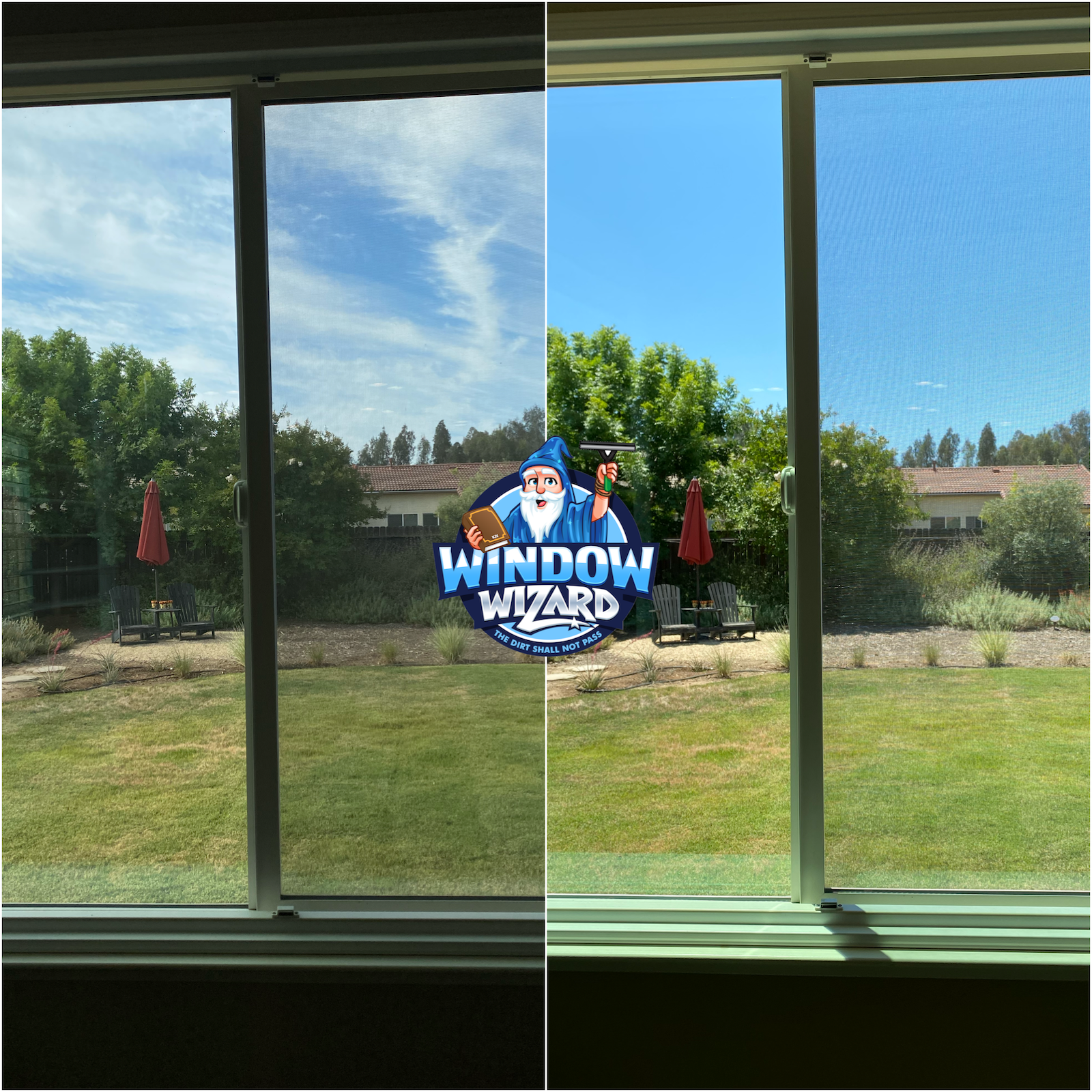 A before and after picture of a window with a window wizard logo on it.