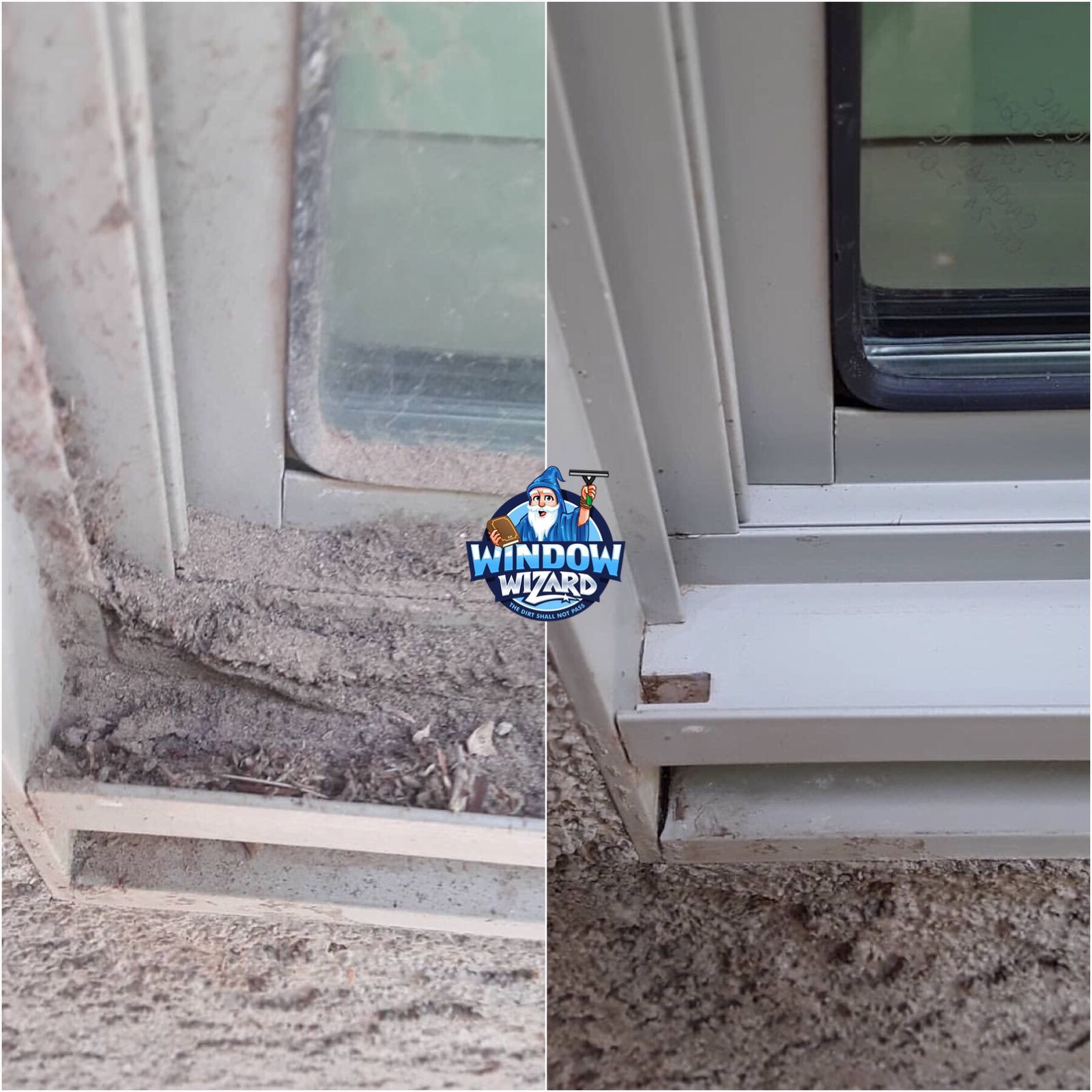 A before and after picture of a window being cleaned by a window wizard.