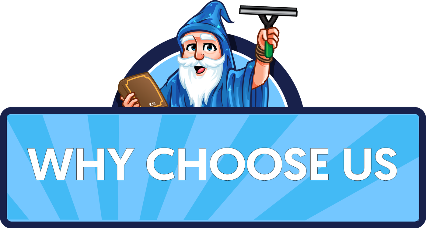 A wizard is holding a squeegee and a sign that says `` why choose us ''.