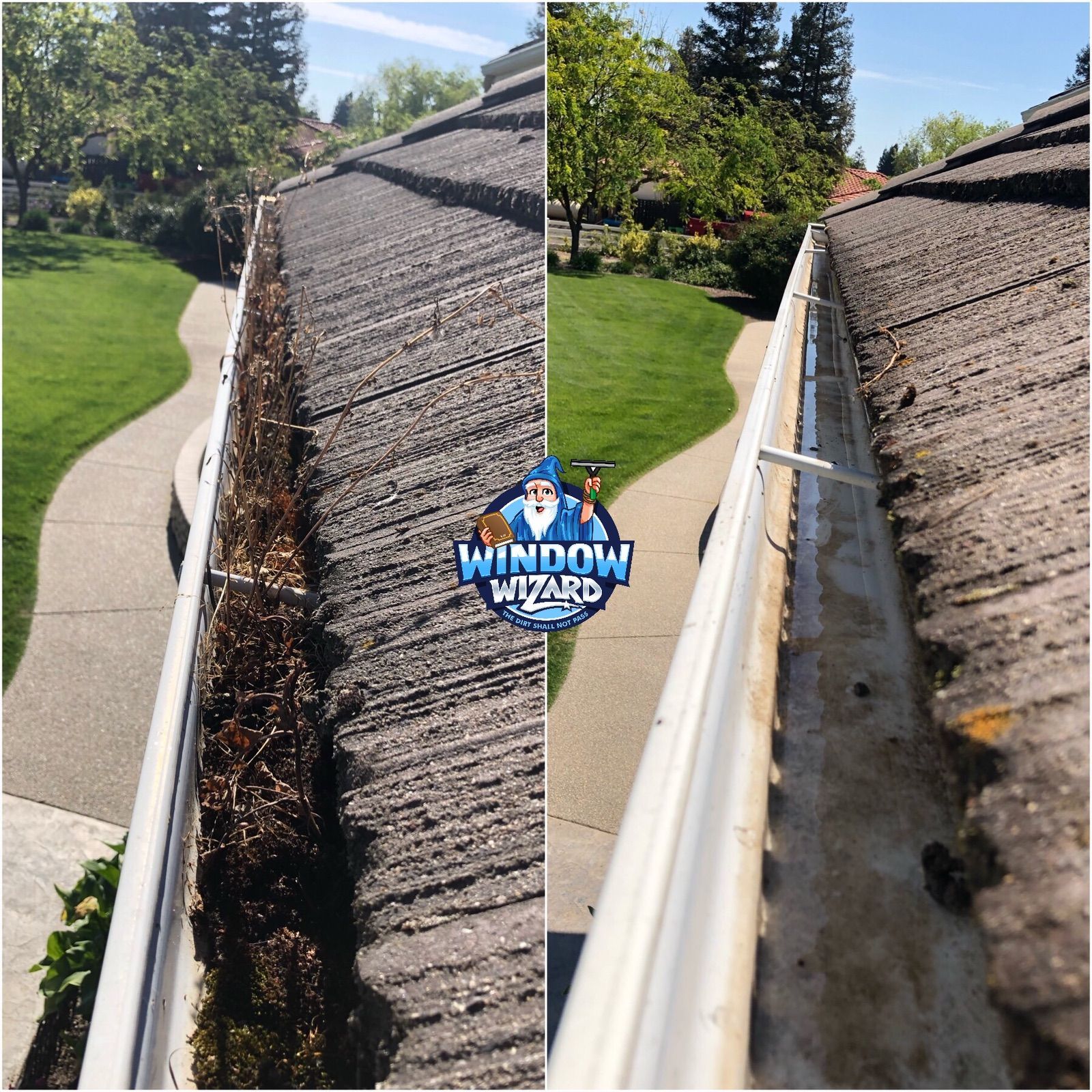 A before and after picture of a gutter cleaning service.
