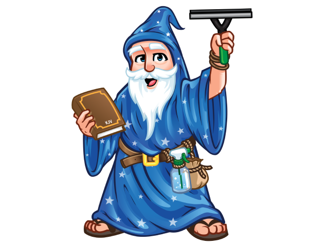 A cartoon of a wizard holding a book and a window cleaner