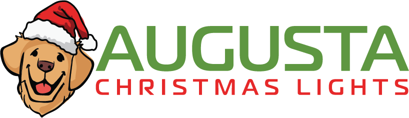Augusta Christmas Lights A logo for augusta christmas lights with a dog wearing a santa hat