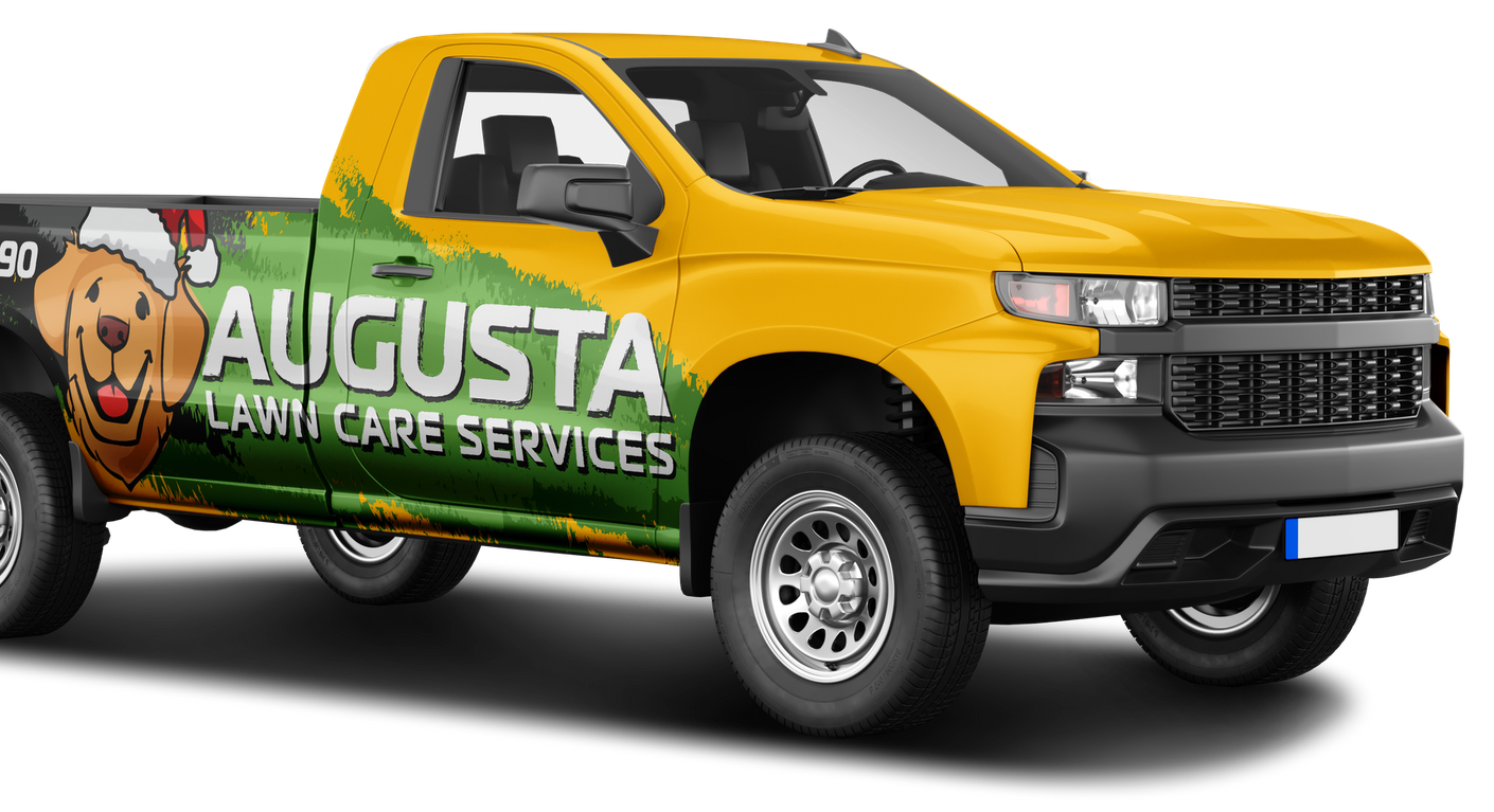 Augusta Lawn Care Services Truck A yellow truck with a dog on the back is for augusta lawn care services.
