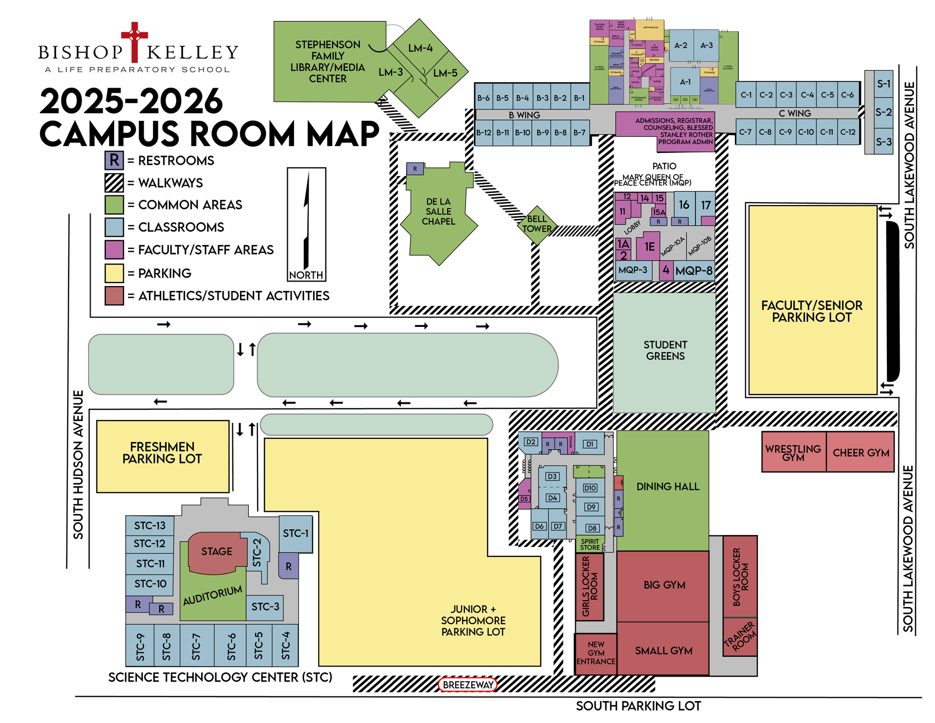 Campus room map for Bishop Kelley High School, with color-coded building sections. 