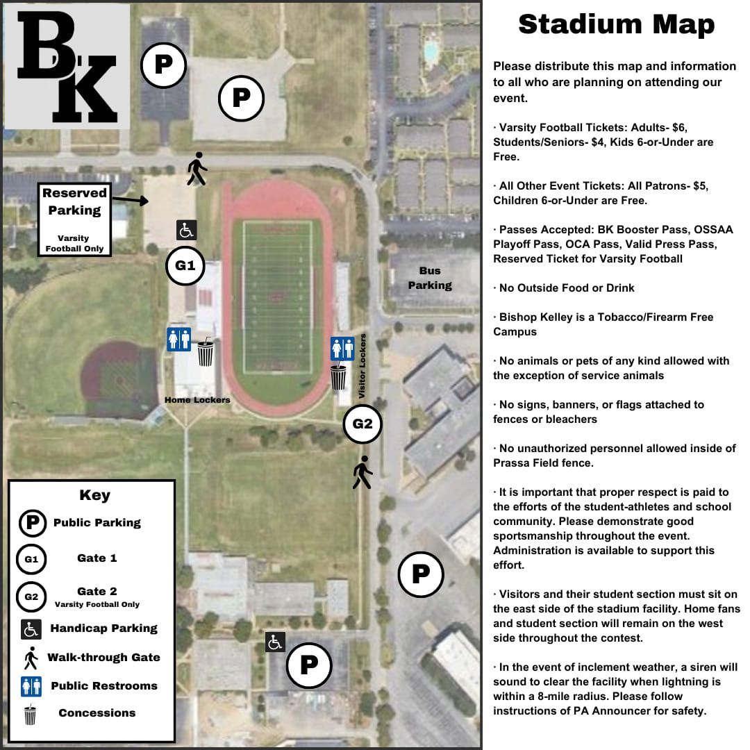 Stadium map with parking, restrooms, gates, and key landmarks.
