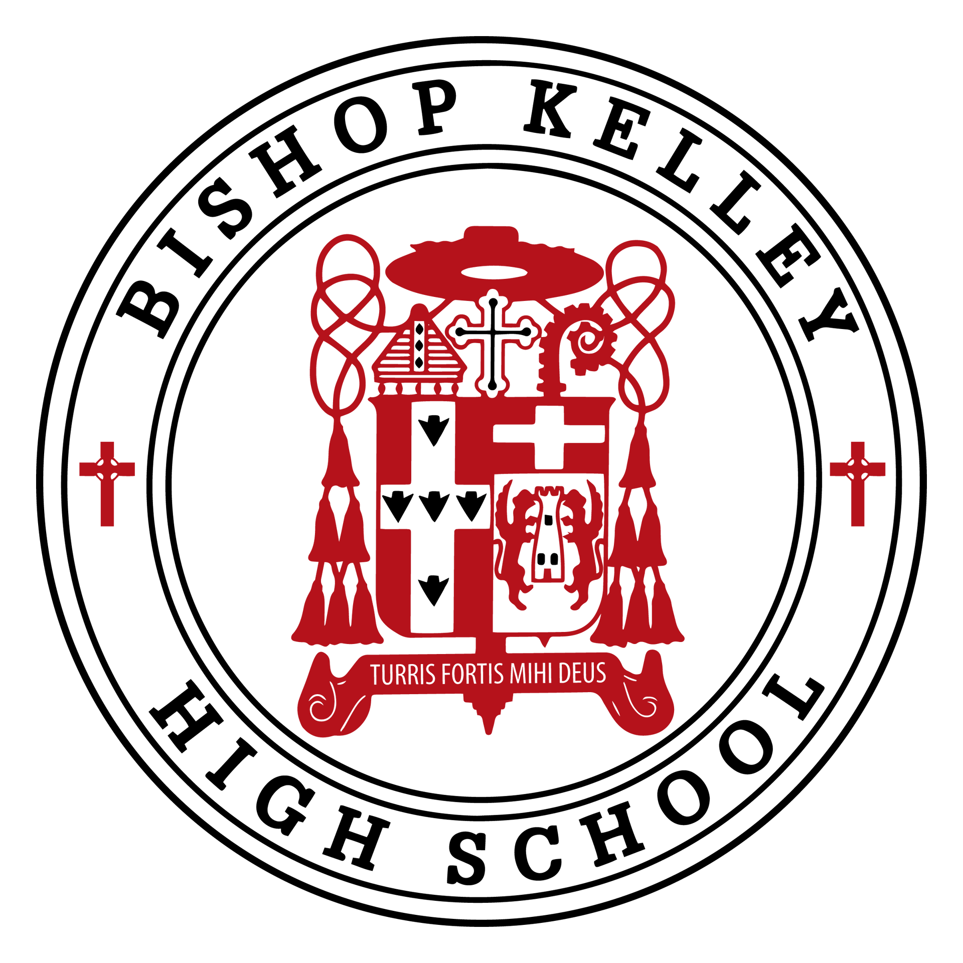 Bishop Kelley High School seal: White circle with red and black text, heraldic crest, and crosses.