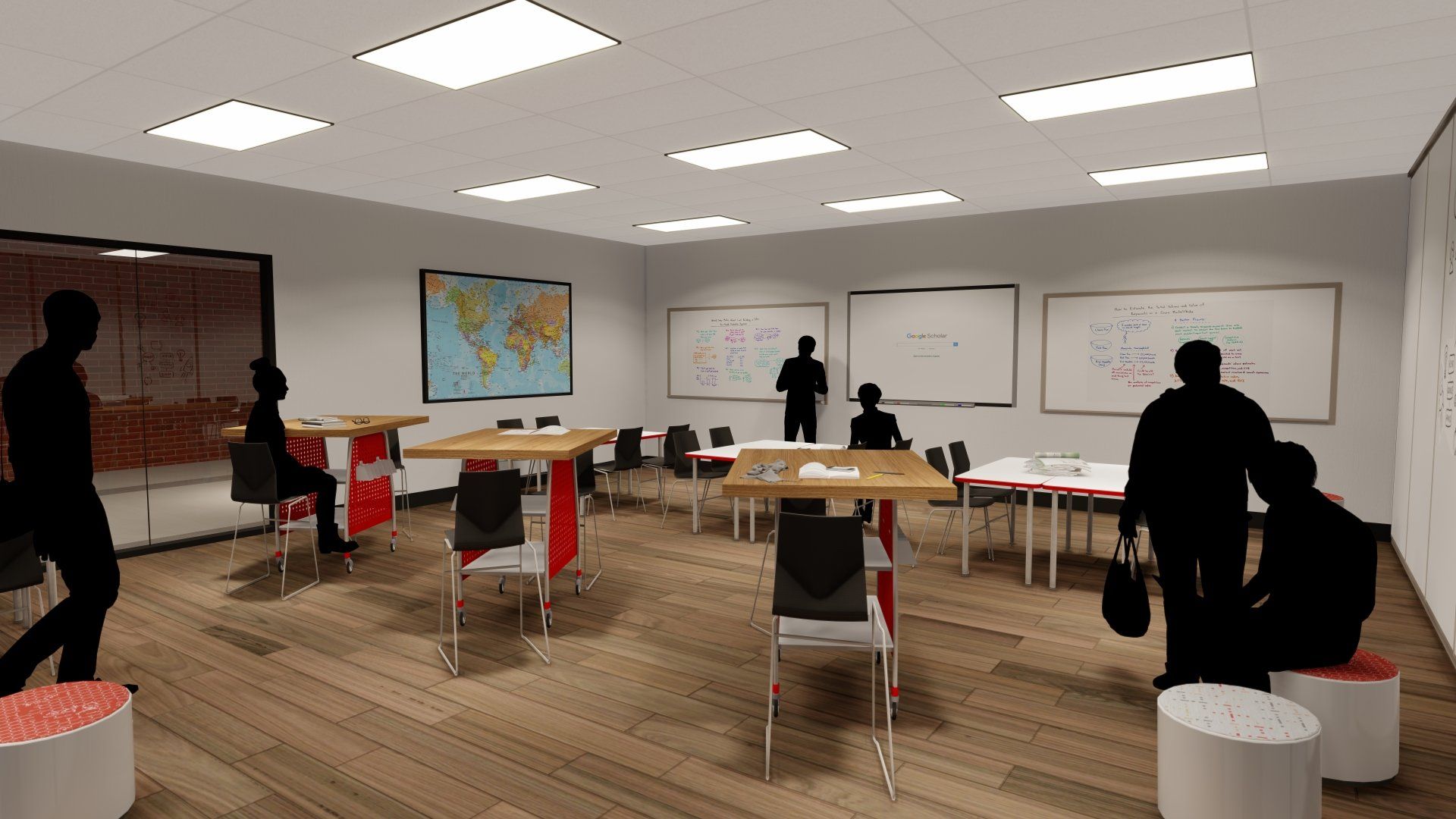 Office meeting room with several people seated around tables, a world map on the wall, and a whiteboard.