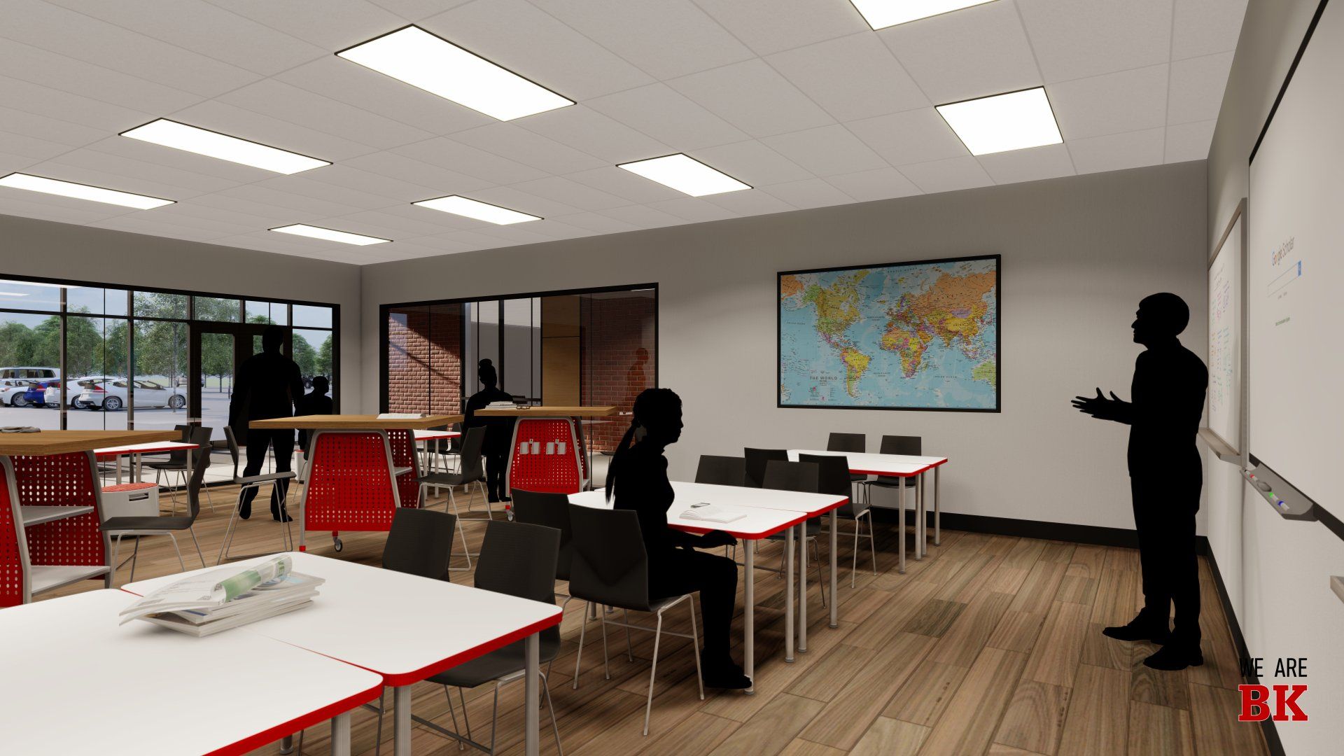 Classroom with students seated at tables, a teacher pointing near a wall map, and bright overhead lights.
