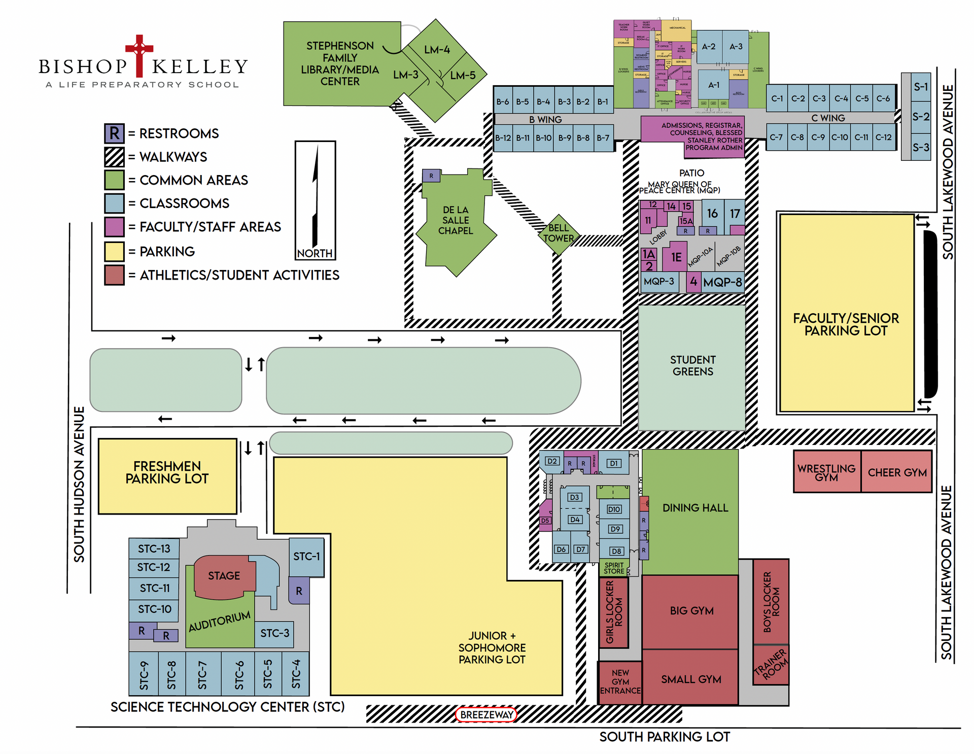 Campus room map for Bishop Kelley High School, with color-coded building sections. 