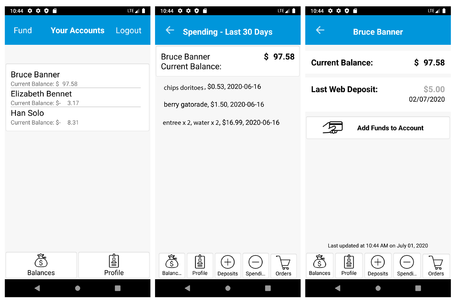 Screenshots of a mobile app, showing account details, spending, and current balance.