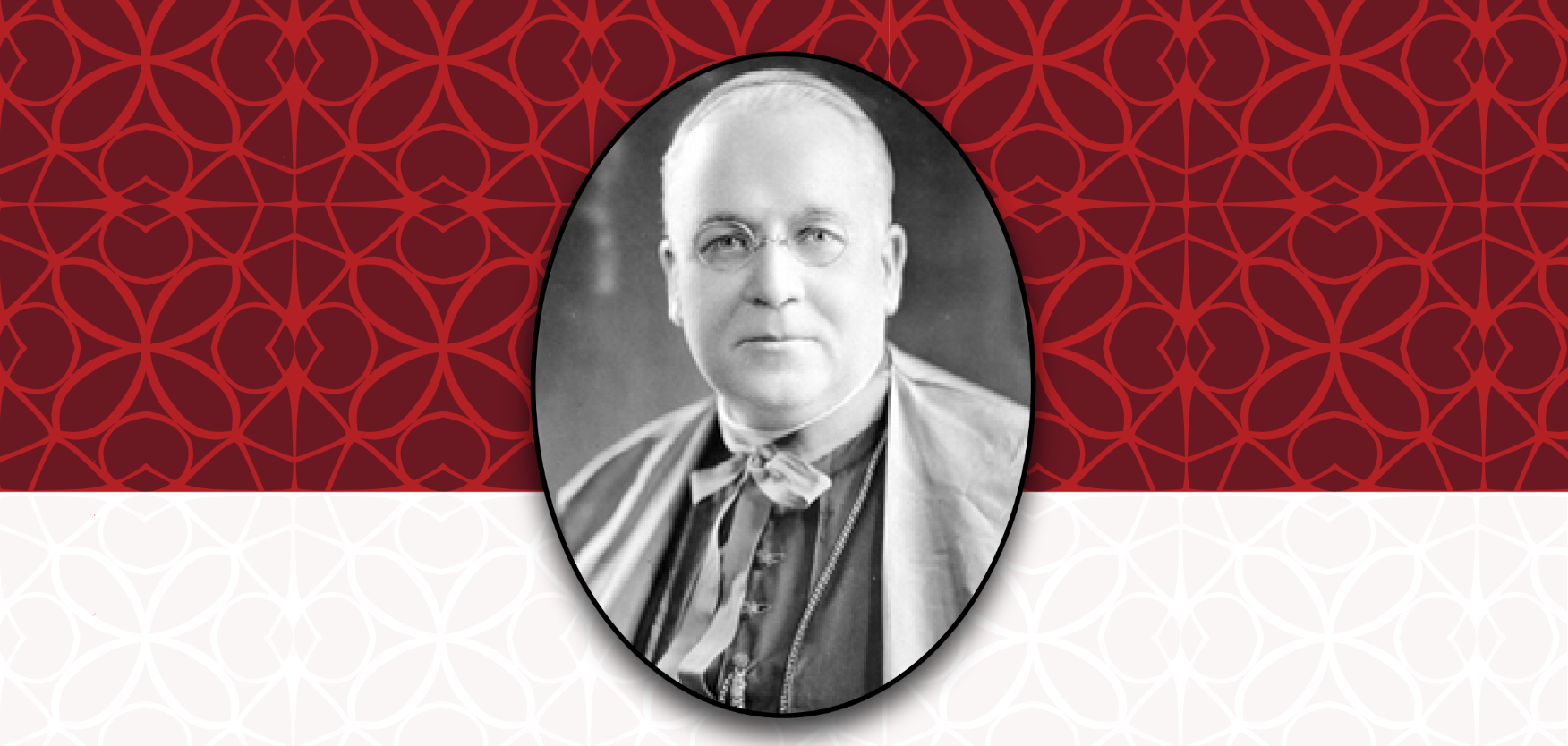 Oval portrait of a man in a black and white image, against a background of red floral design and white band.