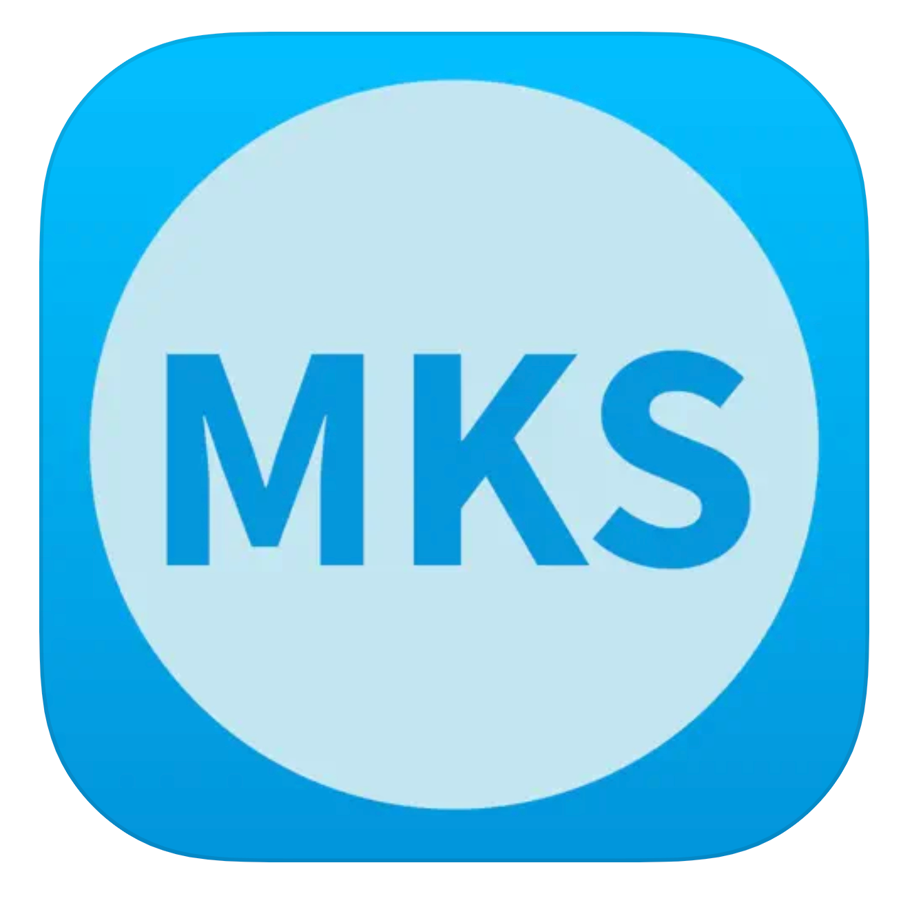 Icon with the letters MKS in blue on a light blue circle, on a rounded-cornered blue square.