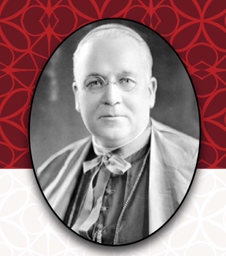 Oval portrait of a man in religious garb, wearing glasses.