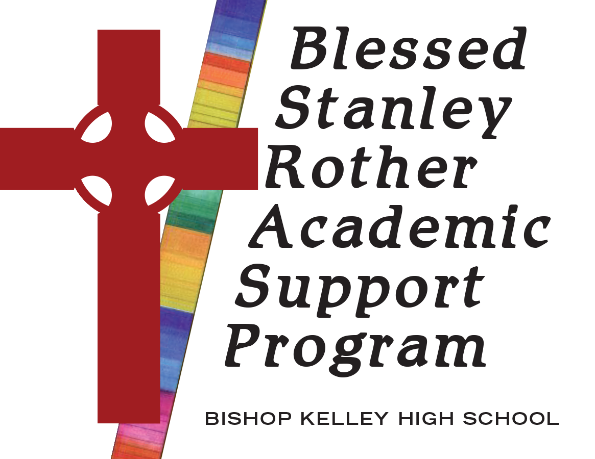 Logo with a red Celtic cross and colorful stripes.