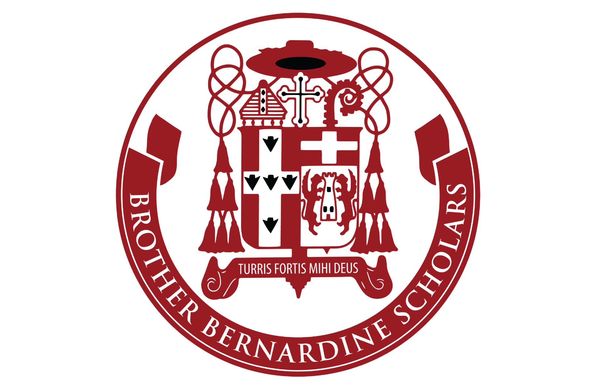 Brother Bernardine Scholars emblem: burgundy and white crest within a circle; Latin text, ornate design.