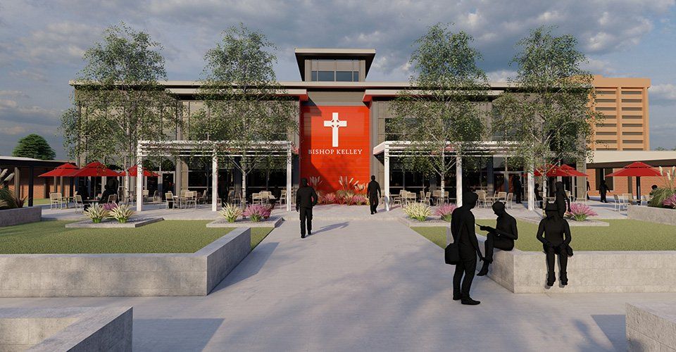 Modern building entrance with red banner, trees, and several people walking in a plaza
