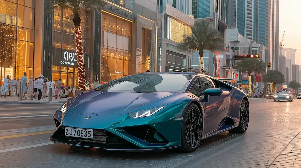 A Lamborghi driving down the sreets of Dubai