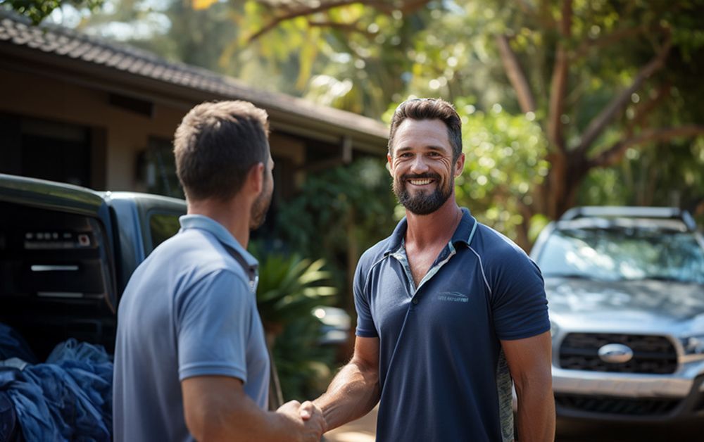 two men shake hands in a driveway after selling a car