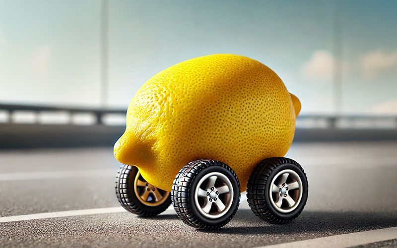 A Lemon with Wheels Is Driving Down a Road