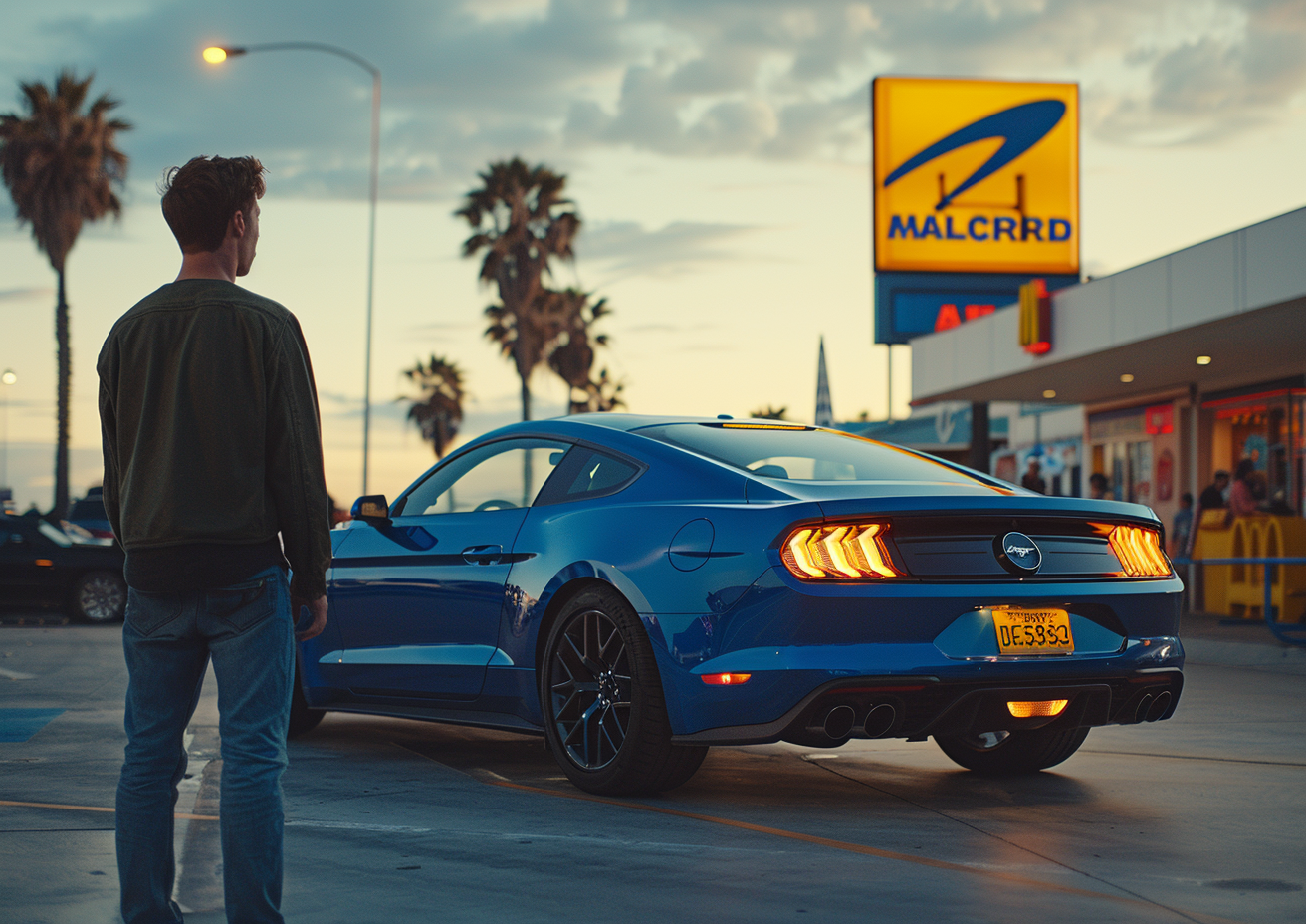 A Man Is Standing in Front of A Blue Mustang at A Gas Station — Sell Any Car Fast in Eagle Farm, QLD