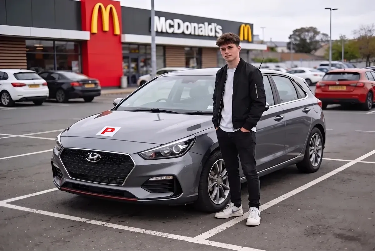 A p-plate drive stands by a grey Hyundai i30 in a carpark