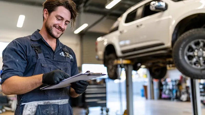 A mechanic doing a roadworthy certificate on a toyota in a workshop