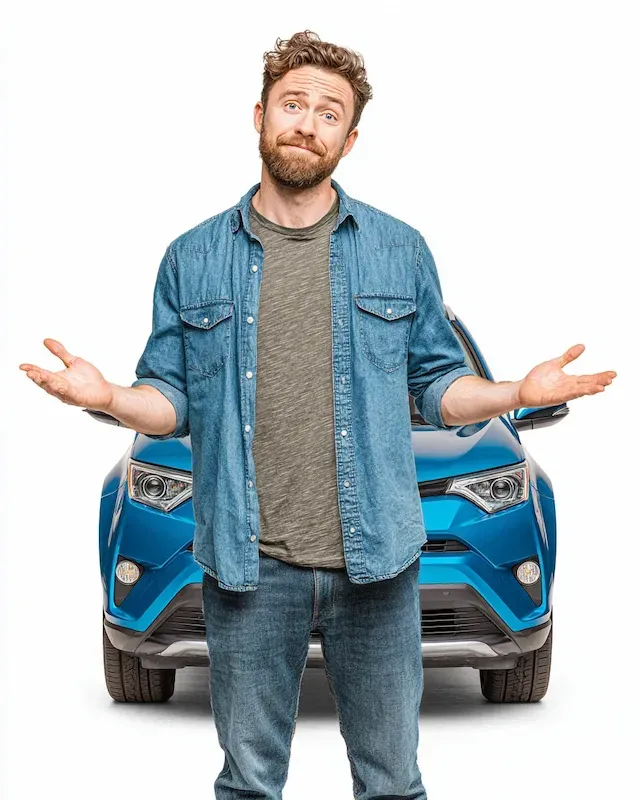 A man shrugging in front of a blue Toyota RAV4, wondering what his car is worth