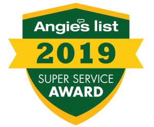 Angie's List 2019 Super Service Award badge, green and gold shield with text. | Auto Tech of Tysons