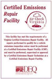 Sign for a Certified Emissions Repair Facility in Virginia. | Auto Tech of Tysons