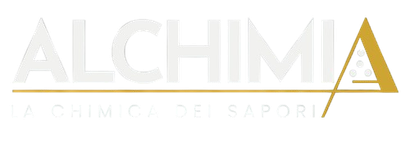 Logo di Alchimia: testo bianco e triangolo dorato su sfondo bianco.