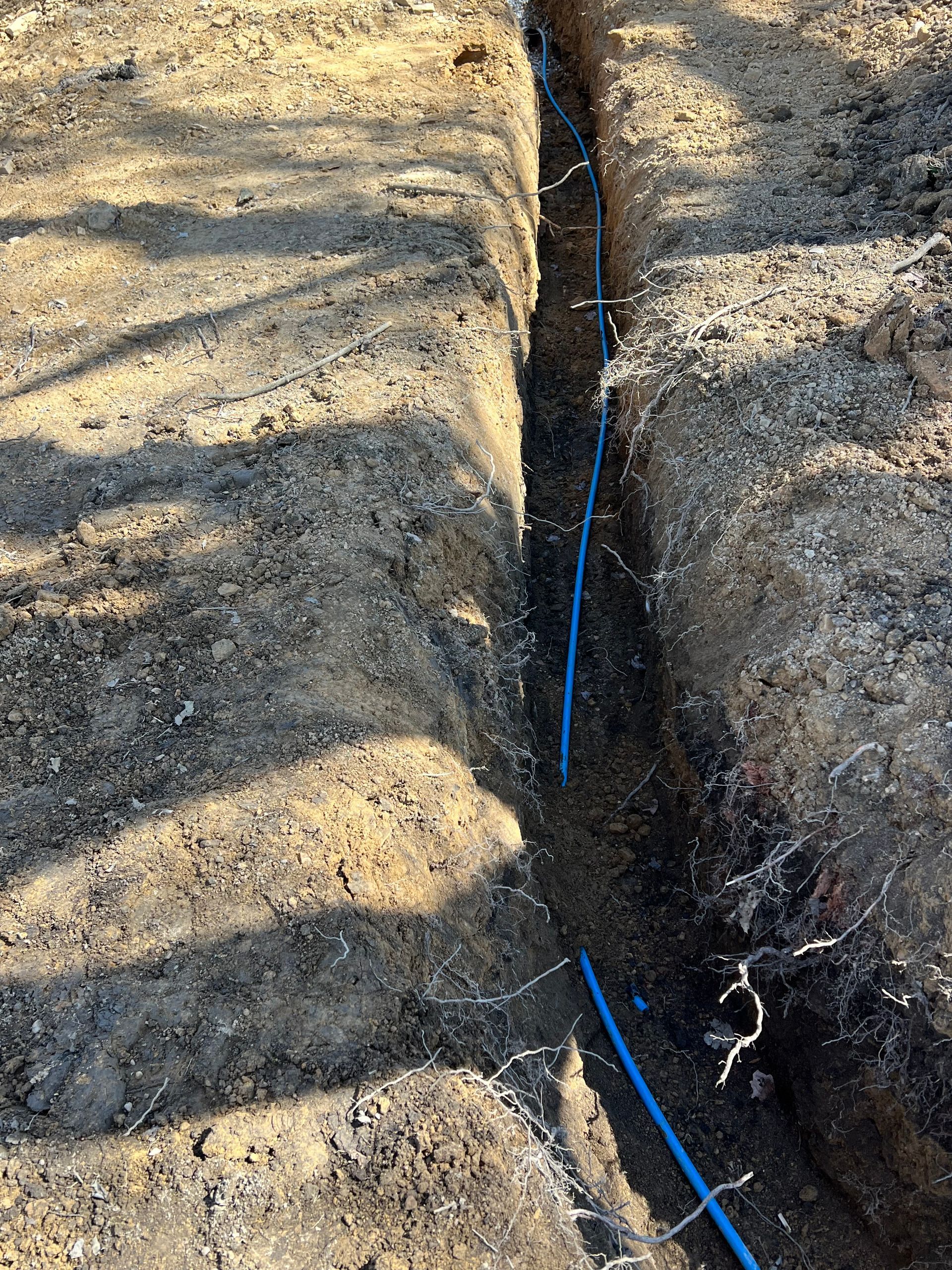 Trench in dirt with blue water pipe installed inside.